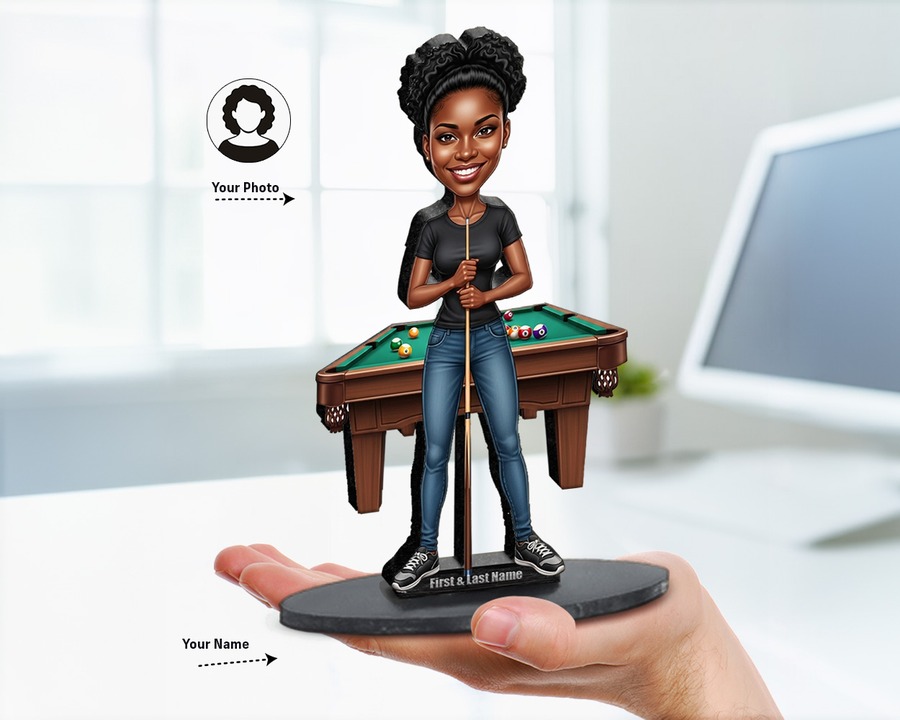 Pool Player (Female) figurine — custom personalized Sport gift, premium wood 8 inches