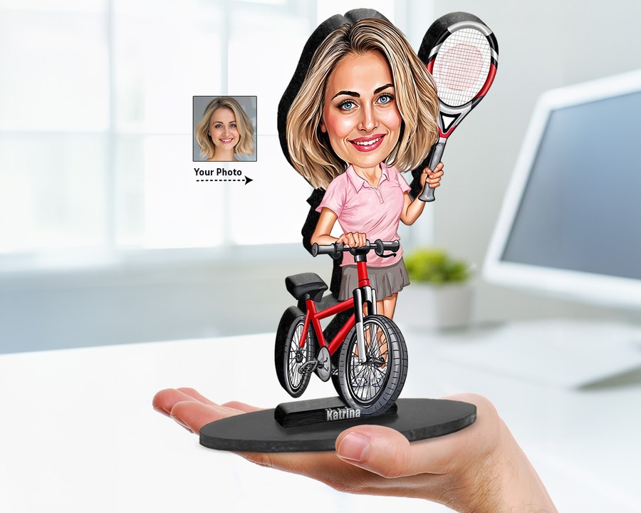 Tennis & Cyclist (Female) figurine — custom personalized Sport gift, premium wood 8 inches