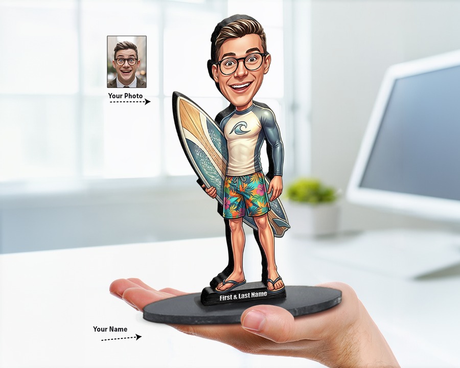 Surfer figurine — custom personalized Sport gift, premium wood 8 inches