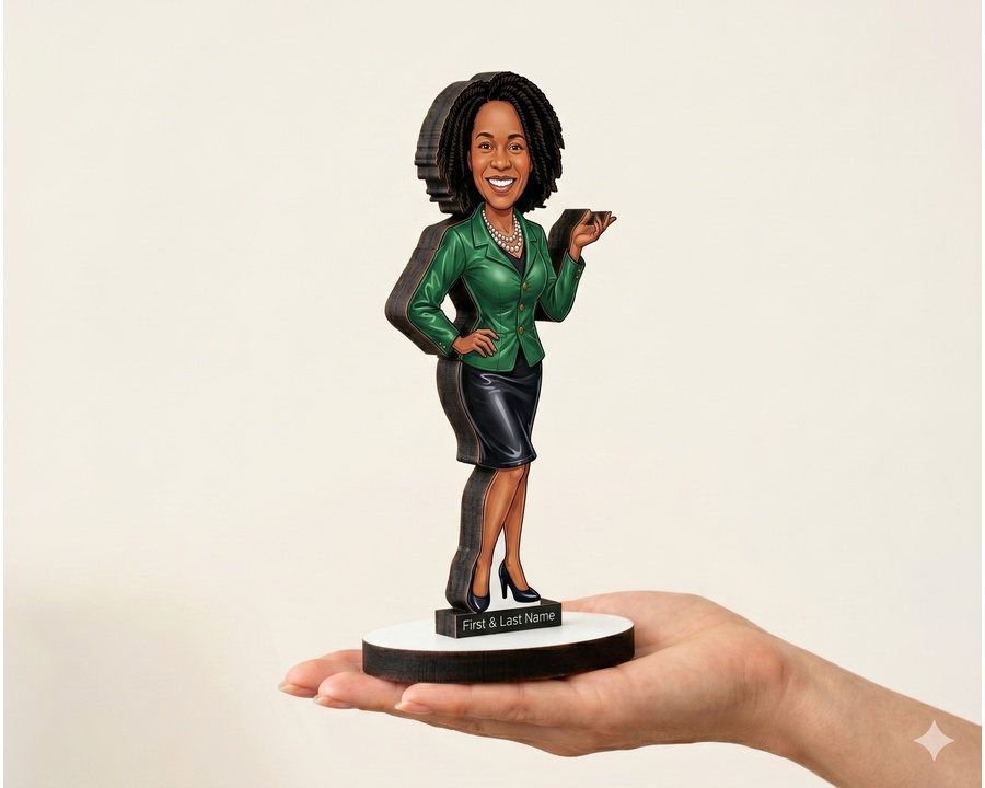 Businesswoman — Green Suit figurine — custom personalized Business gift, premium wood 8 inches
