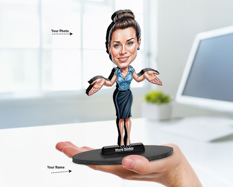 Female Teacher — Blue Dress figurine — custom personalized Education gift, premium wood 8 inches